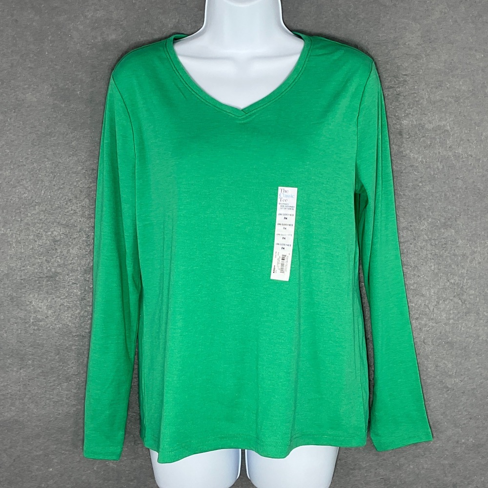 Croft & Barrow Classic Tee V Neck Long Sleeve Top Green‎ Petite Size PM